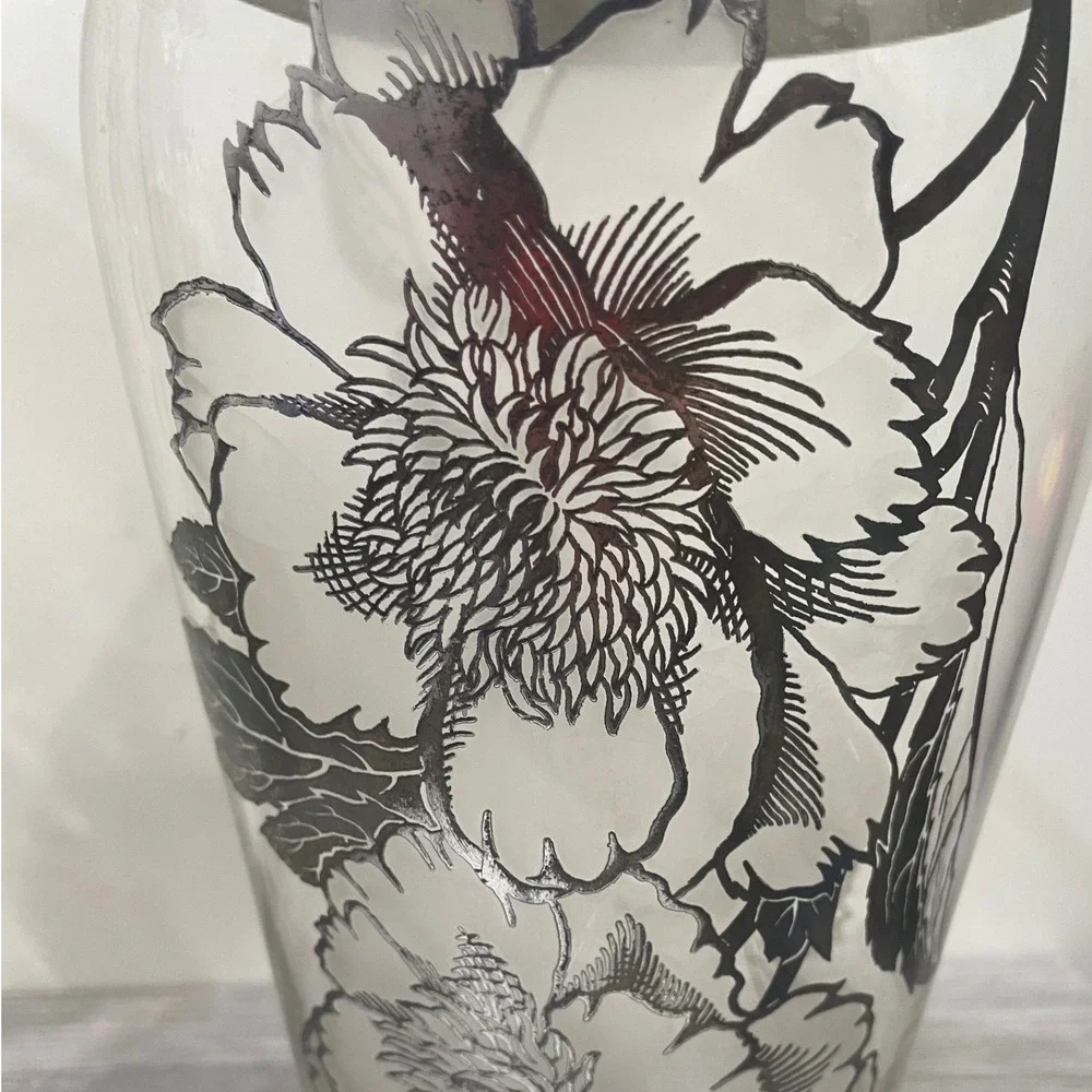 Vintage Silver‎ Overlay Glass Vase Floral Peony Art Nouveau Silver Deposit 11in